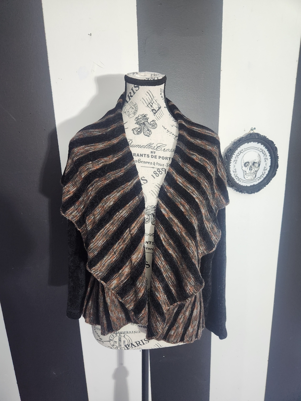 SPANNER Striped Ruffle Open-Front Cardigan - Black, Brown, Cream